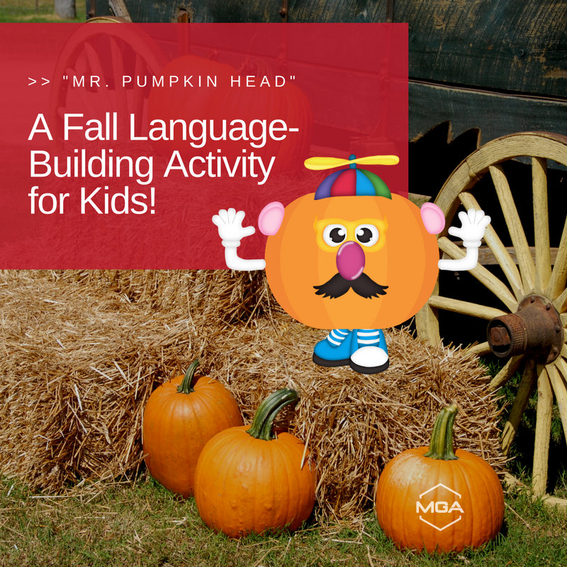 a pumpkin in the fashion of mr. potato head representing a children's language-building activity